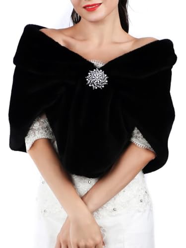 EARENT Women Faux Fur Shawls and Wraps Bride Wedding Sleeveless 1920s Fur Scarf Bridal Fur Stoles with Brooch Winter Fur Caplet for Brides and Bridesmaids (Black)