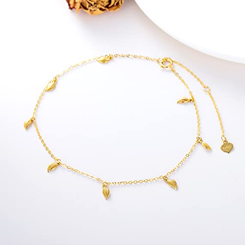 14K Real Gold Leaf Anklets For Women, Real Gold Beads Station Anklet Bracelet Tassel Double Foot Link Beach Anklets Anniversary Birthday Jewelry Gifts For Wife Girlfriend 8''+2'' (Single Chain) #TOP3