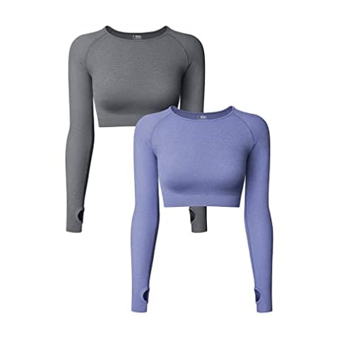 XXTAXN Women's Fall Workout Long Sleeve 2 Piece Crop Top Seamless Exercise Going Out Tshirt Tops, Grey Bluegrey, Large Cover