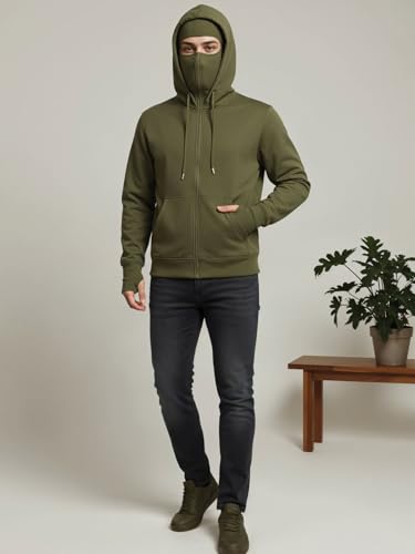 Image of ADRO Men Balaclava Hoodies | 320 GSM Soft Cotton Zipper Hoodie | Thumb-Hole Cuff Gloves | Travel Jacket with Hood | Winter Sweatshirt