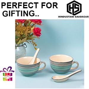 Image of HS Hindustani SAUDAGR Aqua Drift Seagreen Ceramic Bowl Set of 2(300ml Each) Soup Bowl with Handle & Spoon Microwave Safe Bowls katori Ideal for Snacks Rice dal Desserts and Gifting.