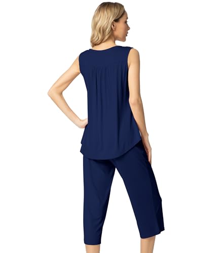 Image of NACHILA Pajamas for Women-Viscose Made from Bamboo, Sleeveless Pjs Top and Capri Pants Pajama Set Cool Pleated Sleepwear