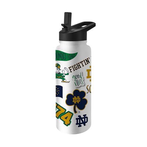 Logo Brands NCAA Notre Dame Fighting Irish Native 34 oz Quencher Water Bottle -All-Over Campus & Local Icons Design Double-Wall Insulated to Keep Drinks Cold for Hours Leak-Proof Lid Built-In Straw