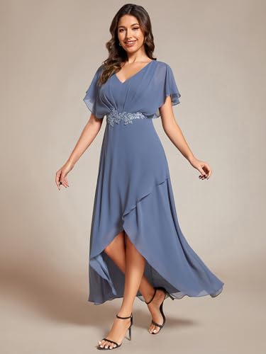 Image of Ever-Pretty Women's Formal Dress A Line V Neck Applique Waist Tea Length Wedding Guest Dress 02027