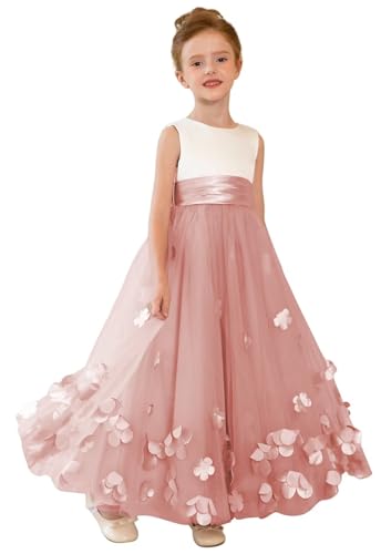 MCieloLuna 3D Applique Satin Tulle Flower Girl Dress Sleeveless O Neck Floor Length Girls Pageant Princess for Wedding Gowns