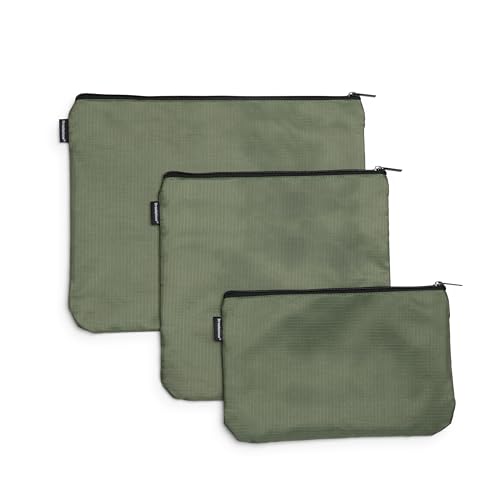 Brookstone Travel Storage Pouch - 3 Piece Flexible and Expandable Travel Zipper Pouch Set for Toiletry, Makeup, and Cosmetics, Olive