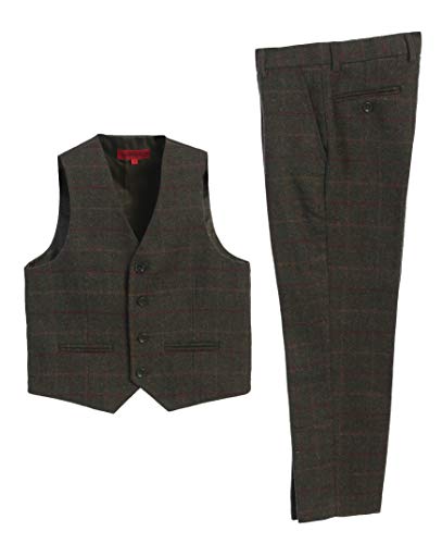 Gioberti Kids and Boys 2 Piece Tweed Plaid Vest and Pants Set, Olive Graph, Size 10