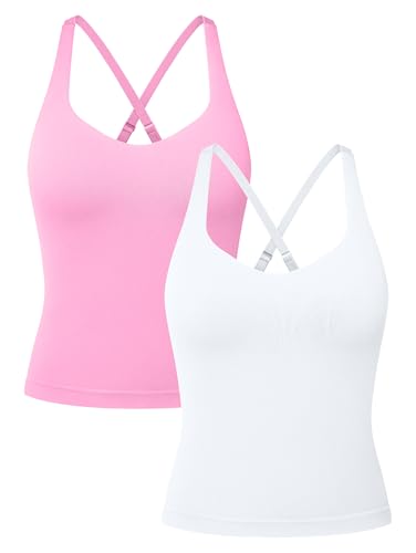 OQQ V Neck Cross Back Sports Bra for Women Padded Adjustable Straps Medium Impact Gym Workout Tank Top 2 Pack Pink White
