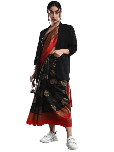 Image of AKHILAM Women's Art Silk Animal Print Saree With Unstitched Blouse Piece(Black APHALSP100D SNK)