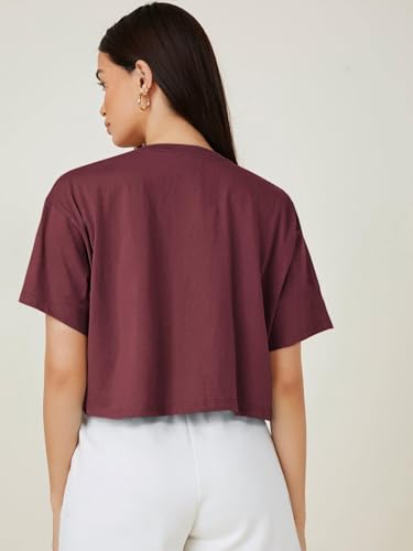 Image of KOTTY Women's Solid Cotton Blend Oversized Crop T-Shirt | Casual Summer Tee