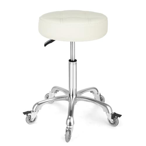 Image of Adjustable Heavy Duty Stool - Rolling Stools with Locking Caster Wheels - Swivel Stools Backless Chair for Home Kitchen Office Shop Tattoo Lash Tech Pedicure(Off White, Height 22 to 30 in)