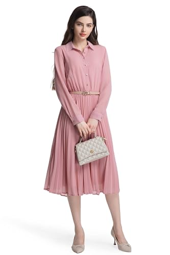 Image of Women's Work Dress with Belt, Business Casual Midi Shirt Dresses | Long Sleeve,Button Down Collared Chiffon Modest Dress for Office,Business,Church,Funeral,Wedding Guest,Flowy Pleated Skirt