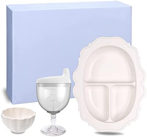 Crumye Prince & Princess Themed Kids Dinnerware Set, Includes Fancy Wine Glass Sippy Cup Spill Proof, Elegant Divided Plate, Bowl, Perfect for Baby, Toddler, and Child Holidays Birthday Party(White)