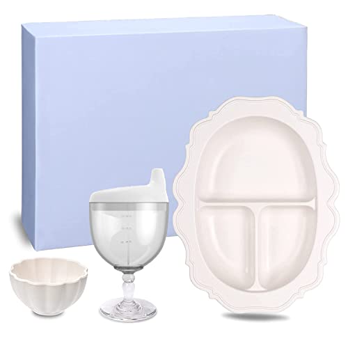 Crumye Prince & Princess Themed Kids Dinnerware Set, Includes Fancy Wine Glass Sippy Cup Spill Proof, Elegant Divided Plate, Bowl, Perfect for Baby, Toddler, and Child Holidays Birthday Party(White)