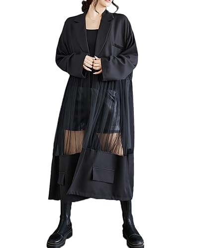 Women's Shirt Dress Long Sleeve Buttoned Tulle See Through Solid Patchwork Loose GZ304
