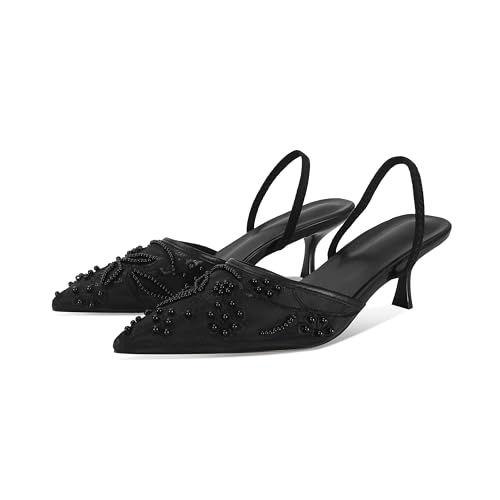MAIJED Embroidered Kitten Heels for Women Pointed Toe Mesh Floral Slingback Heeled Sandals With Pearl Slip On Backless Bridal Wedding Sandals Shoes Black US8