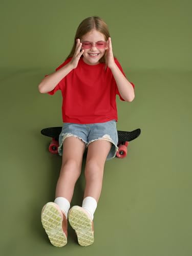 Image of Girls Athletic Oversized Crop Tops Kids Drop Shoulder Short Sleeve T Shirts Workout Tees 5-14 Years