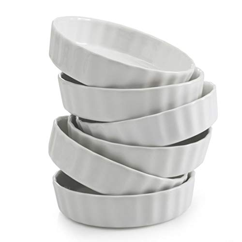 GOURMEX White, Round, Fluted Quiche Baking Dish | Ceramic Nonstick Pan | Perfect for Baking Small Tart Pies, Creme Brulee, Custard Dishes and Mini Cheesecake | Porcelain (5" Round 6pk)