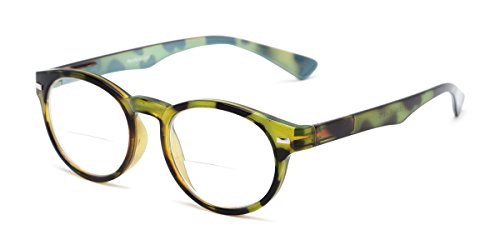 Readers.com Reading Glasses: The Ivy League Bifocal Reader, Plastic Round Style for Men and Women - Green Tortoise/Blue, 1.50