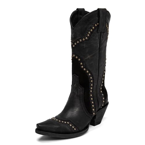Agodor Black Cowboy Boots For Women Cowgirl Ladies Mid Calf Boots with Classic Studded, Pointed Toe Chunky Heel Pull On Fashion Dress Wedding Western Booties US8