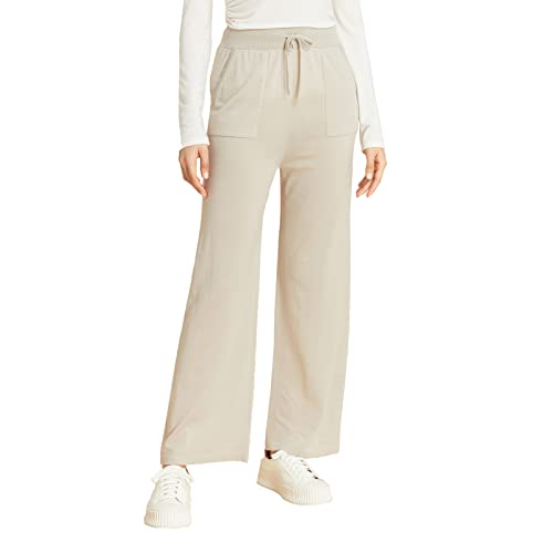 Greenmount Women's Wool Cashmere Casual Set 2 Piece Outfits Crew Neck Sleeveless Tank & High Waist Wide Leg Long Pants With Pockets（Beige，L #TOP2