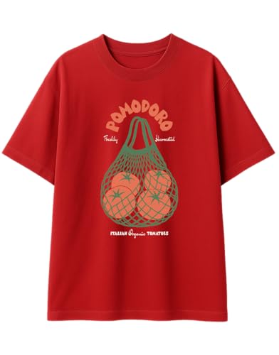 Image of Oversized Cotton T-Shirt for Women Half Sleeve Pomodoro Printed Tee - Breathable Loose Fit Asthetic Casual Wear for College and Daily Ou Outfits, Streetwear