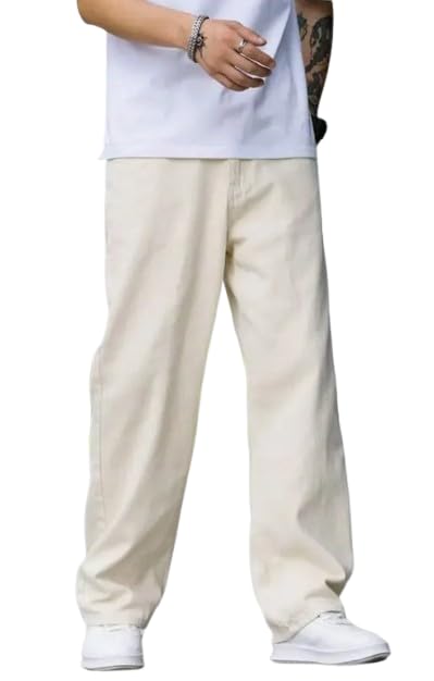 Linaria Loose Fit Baggy Jeans, Plain Beige, Casual Denim-picture-27