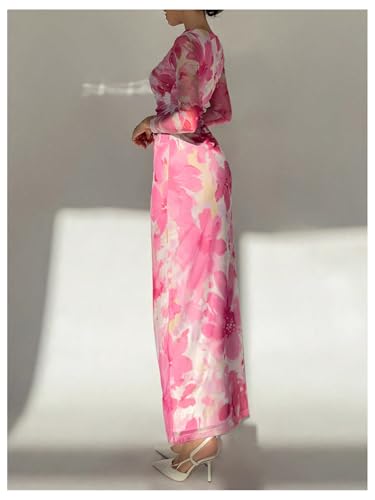 Image of Milumia Women's Floral Print Sheer Dress Crew Neck Long Sleeve Bodycon Maxi Dresses