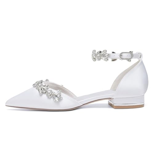Women's Pointed Rhinestones Toe Satin Wedding Flats for Bride Evening Prom Party Dress Shoes3