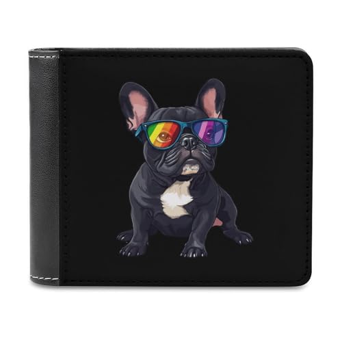 Occhiali colorati Bulldog Francese Uomo Portafoglio Bifold Slim Cash Card Holder Borsa in Pelle