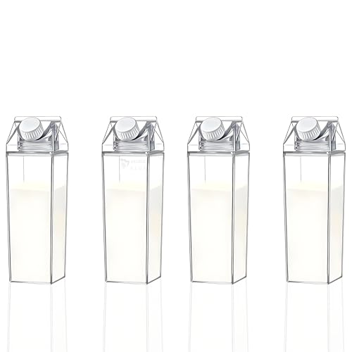 Image of 1000ML Milk Carton Water Bottle, Clear Plastic Milk Box Portable Leakproof Square Juice Bottle for Outdoor Sports Travel Camping (4 Pcs)