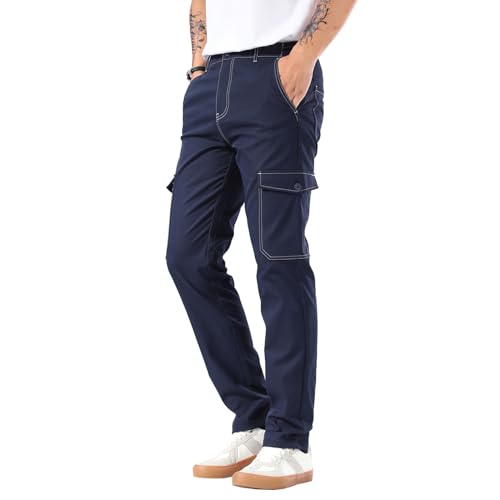 Plaid&Plain Mens Cargo Pants Slim Fit with Contrasting Topstitching and Multi-Pocket