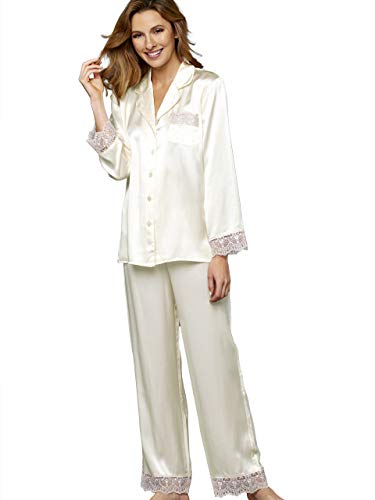 100% Silk Pajama, Lace Trim, Drawstring Waist, Relaxed Fit, Sleep-In