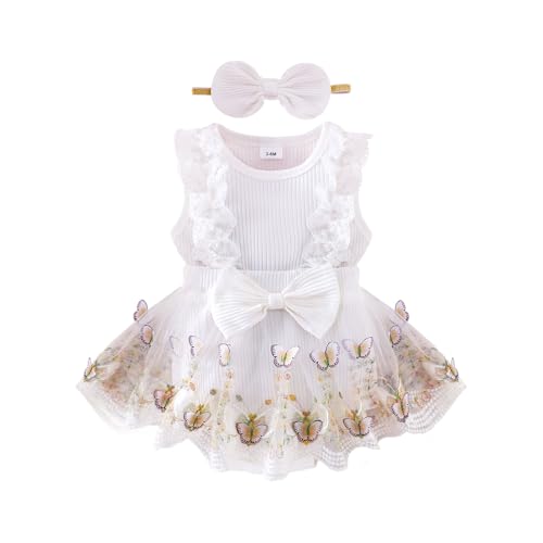 Image of Baby Girl Clothes Infant Summer Outfits Cute Butterflies Mesh Ruffle Sleeveless Romper Headband Set 0-12 Months
