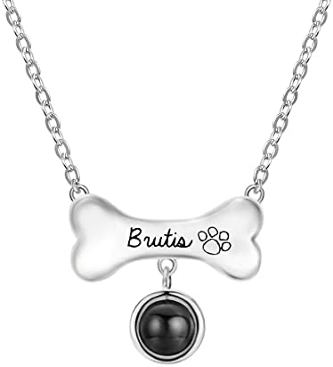 Custom Pet Necklace With Dog Bone Photo Projection Pendant 925 Sterling Silver Personalized Name and Dog Picture Necklace With Paw Print Pet Memorial Jewelry Gifts For Women Mother Wife