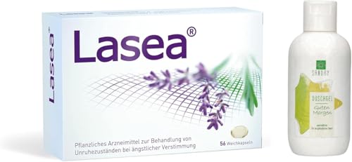Lasea hilft natürlich abzuschalten beruhigt und bessert in Folge den Schlaf Pflanzliches Arzneimittel mit speziellem Lavendelöl | 56 Kapseln inkl. SANDAY DUSCHGEL Guten Morgen 100ml