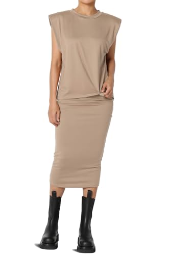 TheMogan Women's Sleeveless Bodycon Midi Skirt and Top Set – Shoulder Pad Tank Shirt & Pencil Skirt Co-Ord Set Mocha M