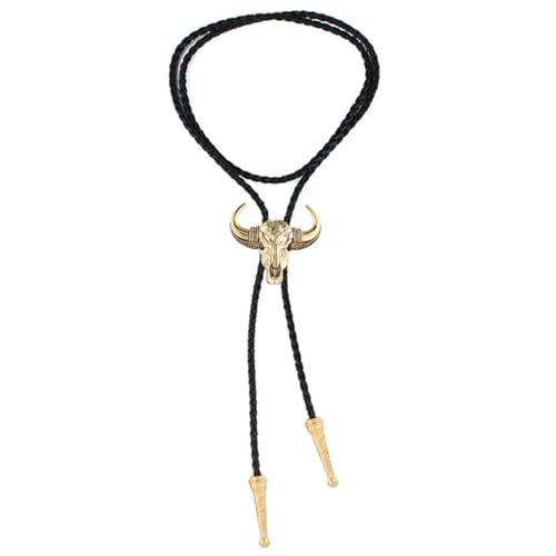Image of GelConnie Longhorn Bull Bolo Tie for Men Native American Western Cowboy Leather Necktie Bolo Necklace for Women Gold Texas