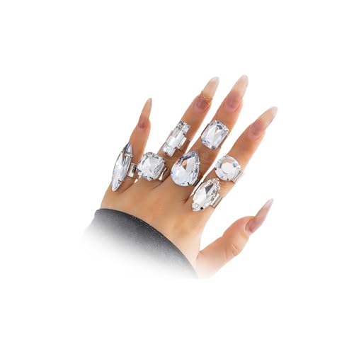 Chunky 7Pcs Silver Crystal Knuckle Rings Set Geometric Rhinestone Waterdrop Open Rings Stackable CZ Circle Square Finger Rings Jewelry Set for Women