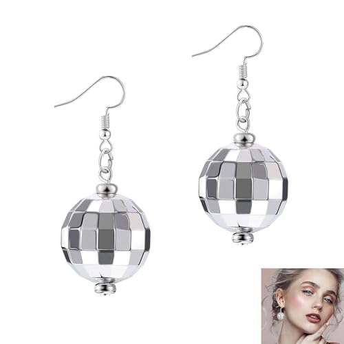 2er-Pack Discokugel Ohrringe, Lustige Ohrringe Damen, Haarreif Silber, Für Damen Und Mädchen Retro Disco Motto Party Kostüm Zubehör