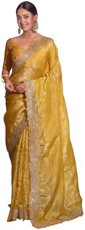 Gold Crush Pure Fabric Saree with Heavy Coding Sequin Embroidery Work & Unstitched Silk Embroidered Blouse Piece for Women