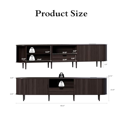 Image of DHH 86.6 inch Fluted TV Stand with Power Outlet for TVs up to 90 inch, TV Console with Adjustable Shelves and Sliding Door,Mid Century Modern Entertainment Center for Living Room,Bedroom (Dark Walnut)