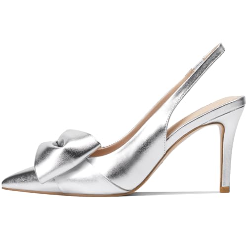 Women's Slingback Heels with Bow Pointed Toe Pumps with Elasticated Strap 3.3" High Heels for Evening Dress Shoes3