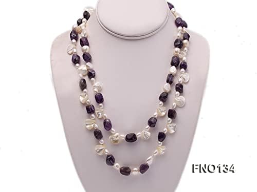 Miniatura 2 de JYX Pearl Joyería 0.354x0.512 in Collar de perlas y perlas blancas irregulares de amatista irregular púrpura y perla blanca, Perla, Perla