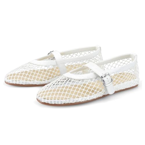 Barley Direct Mesh Ballet Flats for Women Fishnet Ballerina Flats Buckle Strap Mesh Ballet Shoes Wide Width Casual Summer Dress Flat Shoes(White 5K-39)
