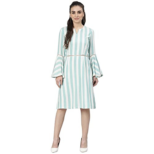 Image of DEEBACO Women's A Line /Fit & Flare Knee Length Dresses for Women Bell Sleeve Printed Striped Dress Midi for Girls Western Lace Dresses (Pink, Blue, Green, Yellow)