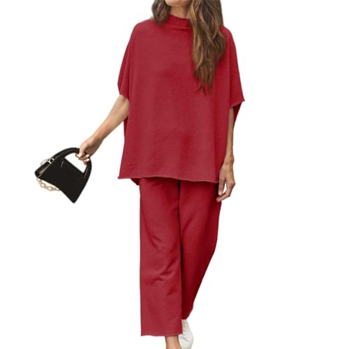 Ainangua Women Casual Two Piece Outfits 3/4 Batwing Sleeve Capelet CrewNeck Pullover Top Wide Leg Pants Lounge Sets Sweatsuit Small Wine Red