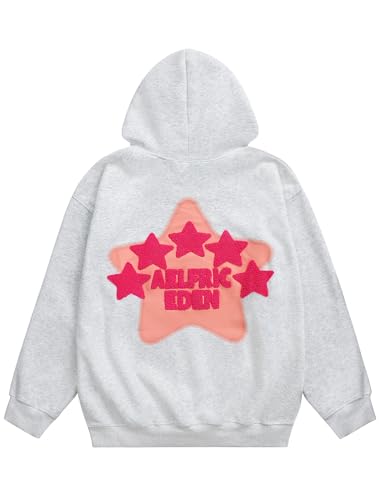 Aelfric Eden Graphic Hoodies for Men Y2K Printed Hoodie Sweatshirt Casual Oversized Long Sleeve Vintage Streetwear Hiphop Hooded Pullover light Grey X-Small