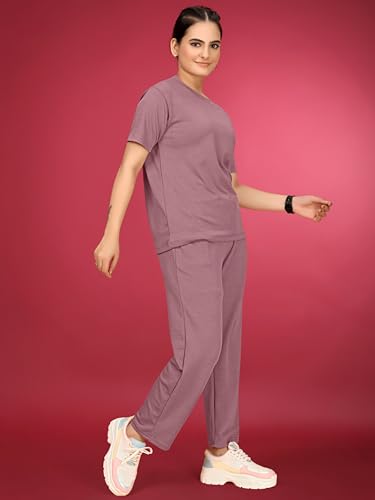 Image of Women's Round Neck Pajamas set in Polyester And Gym Outfit with Side Pockets and Drawstring Waist
