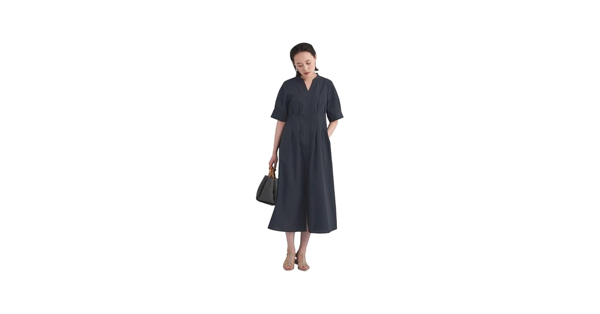 ウエスト フィット ショート スリーブ シャツ ワンピース　ネイビー UNITED ARROWS green label relaxing ウエスト フィット